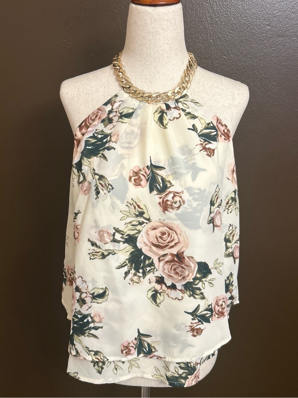 Justify Cream Floral Halter Camisole with Gold Chain